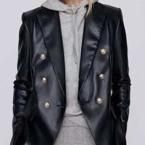 Zara Black Faux Leather Blazer with Gold Buttons (sz M)